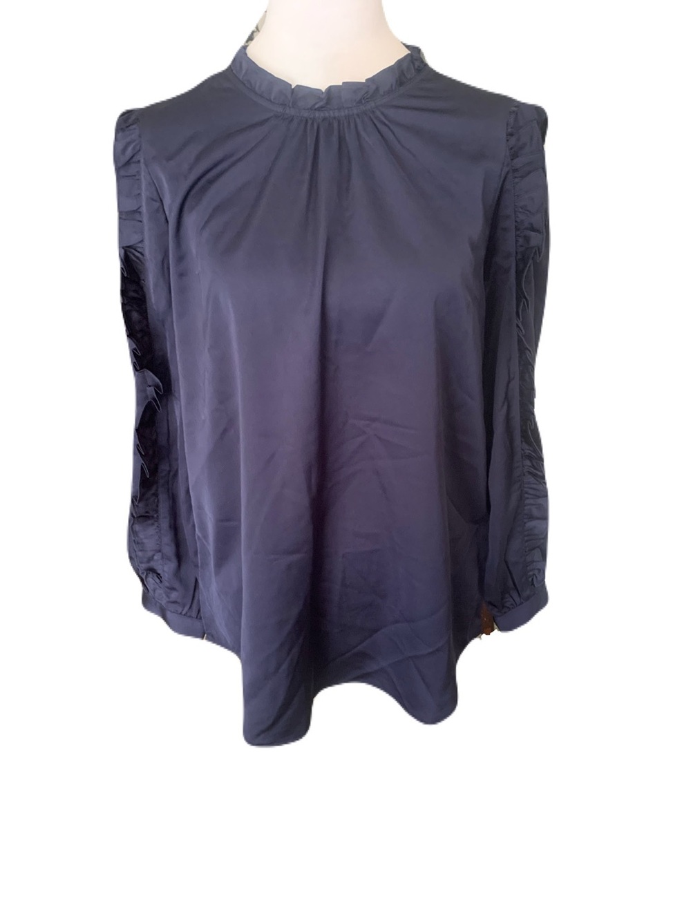 NWT J Crew Women's Small Satin Navy Ruffle Neck Long-Sleeve Top Classic Minimal
